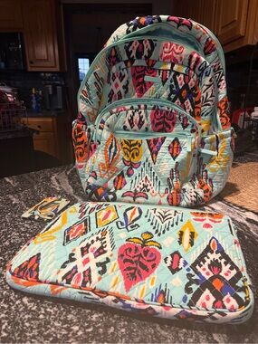 Vera Bradley Teal Multi-Color Quilted Backpack with Laptop bag and name tag.